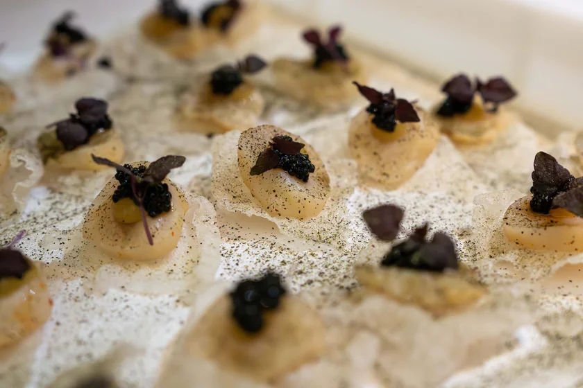 Pièces cocktails Saint-Jacques et caviar servies au dîner de gala du Musée Bonnat-Helleu à Bayonne